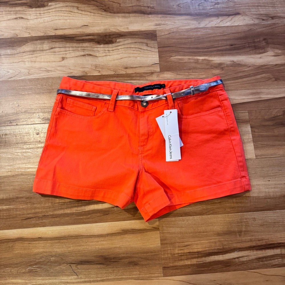 Calvin Klein Jeans Bright Orange Denim Shorts w/ Belt NWT Size 10
